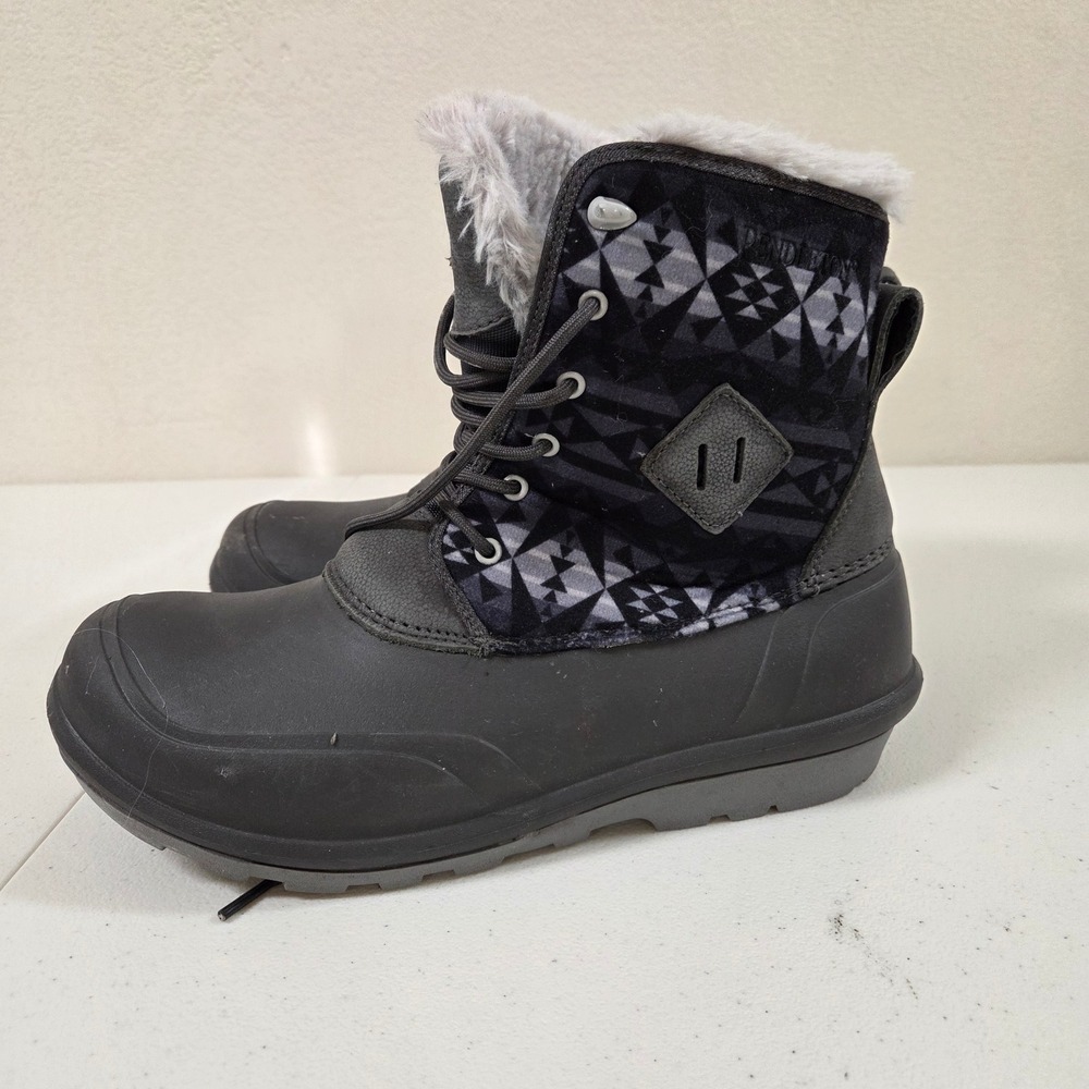Pendleton Torngat Womens 11 Black Grey Geometric Faux Fur Lined Snow Duck Boots